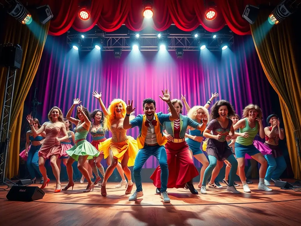 A vibrant stage scene with performers in colorful costumes during a community theater production, showcasing the support ARTS AIDE provides to local artists.