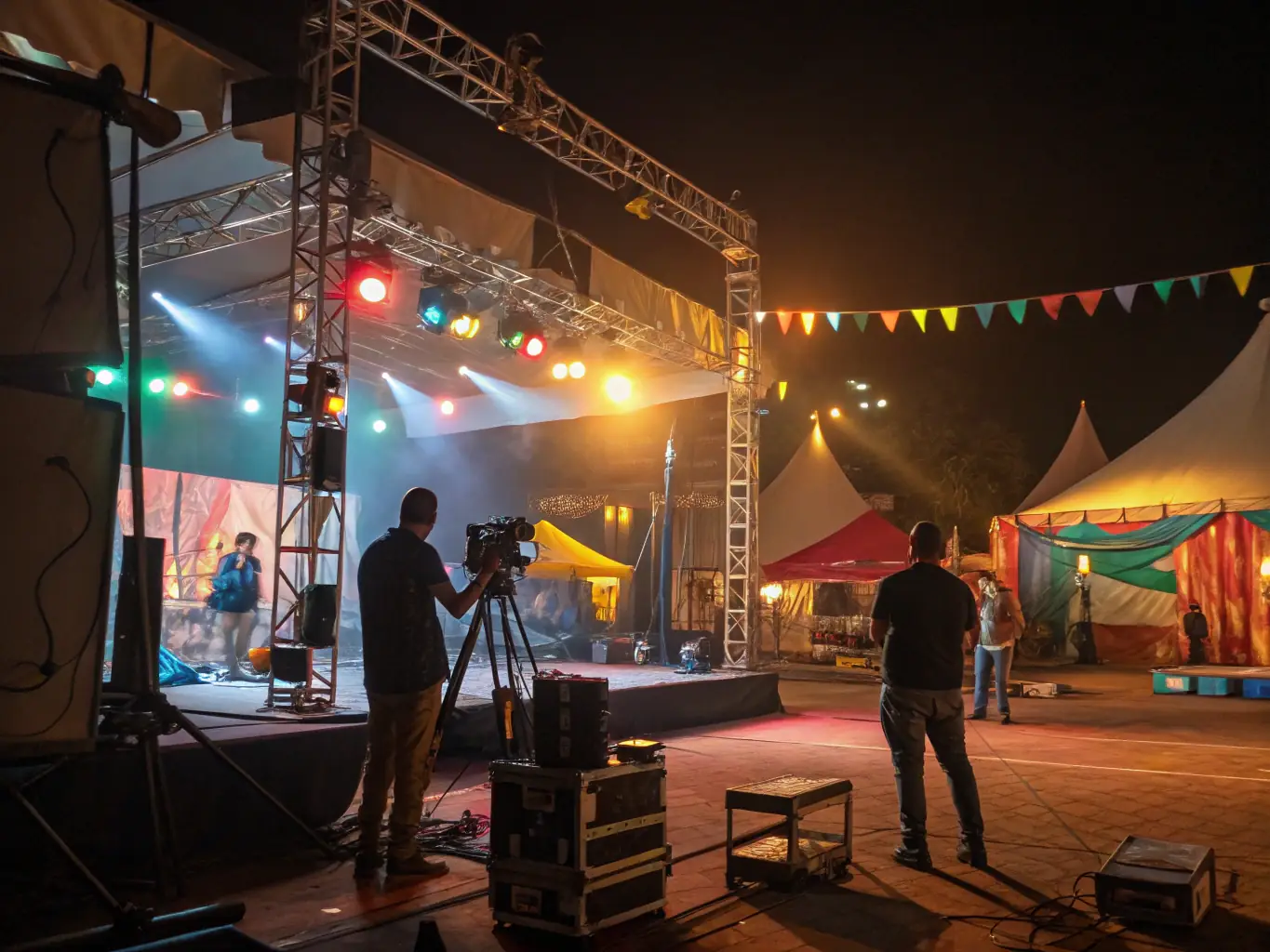 A behind-the-scenes shot of technicians and artists collaborating on the setup for a large-scale outdoor performance event supported by ARTS AIDE A LA REALISATION DE TOUS SPECTACLES.