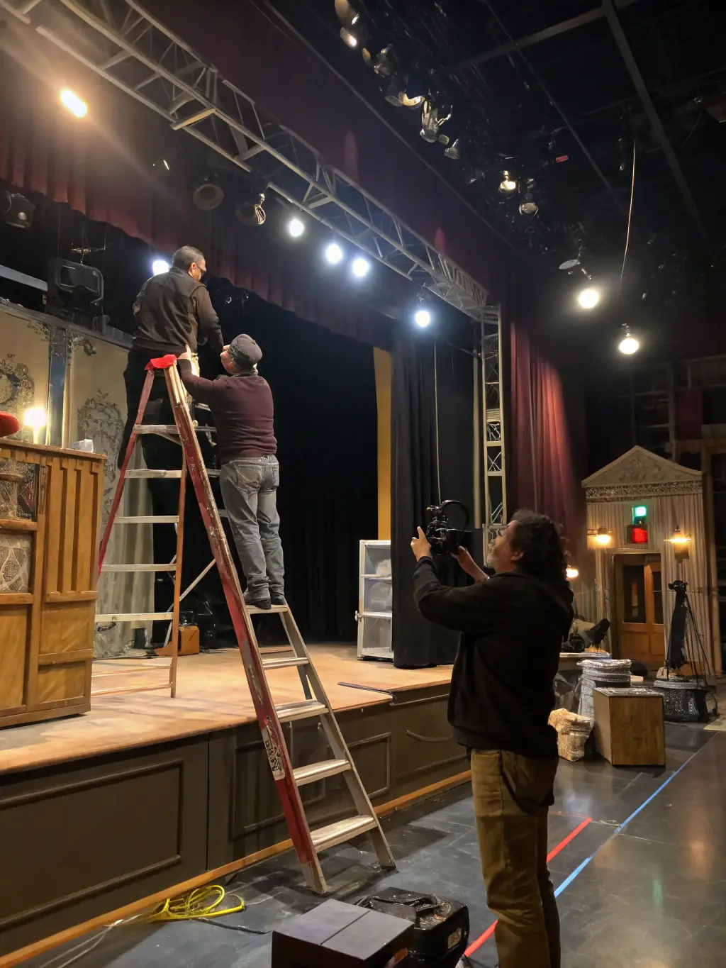A vibrant photograph capturing a behind-the-scenes moment during a theatrical performance supported by ARTS AIDE, showcasing stagehands adjusting lighting with focused expressions.