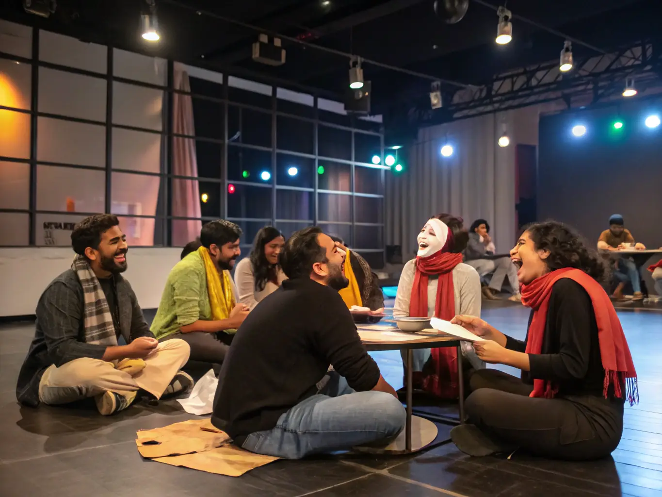 A group of young people participating in a performing arts workshop, learning various skills such as acting, dance, and stagecraft, organized by ARTS AIDE A LA REALISATION DE TOUS SPECTACLES.