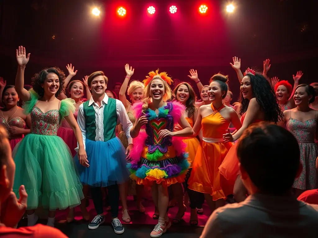 A vibrant stage scene with performers in colorful costumes during a community theater production supported by ARTS AIDE A LA REALISATION DE TOUS SPECTACLES.