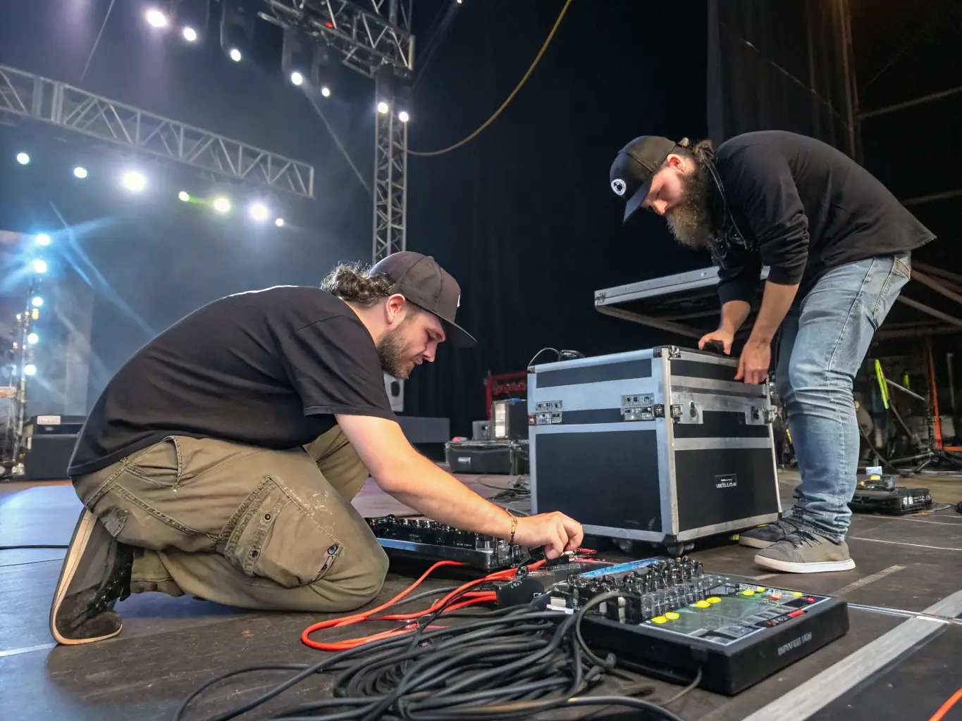 A behind-the-scenes image of technicians setting up equipment for a theatrical production, highlighting the technical expertise ARTS AIDE provides.