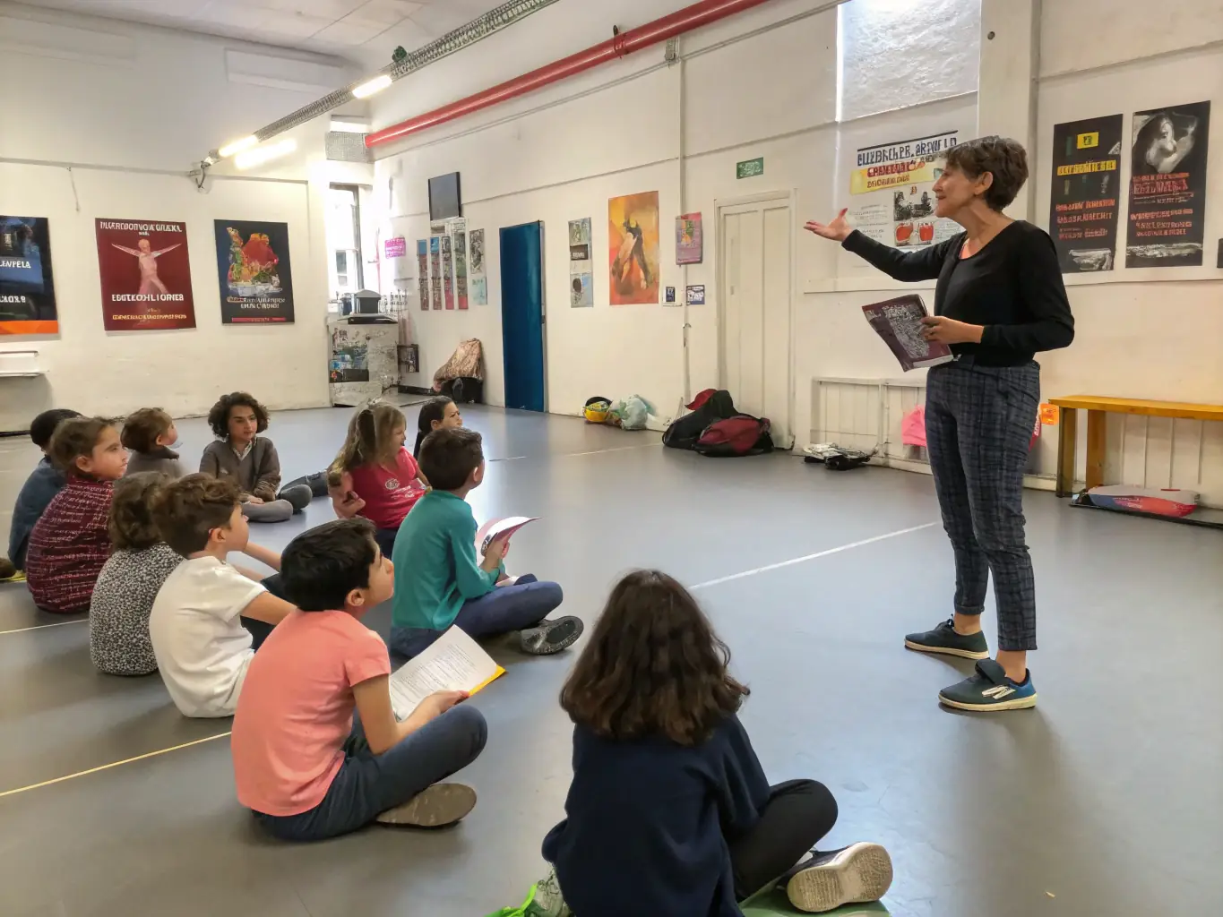 A photograph of a community workshop facilitated by ARTS AIDE, showing participants actively engaged in learning about stagecraft and performance arts.