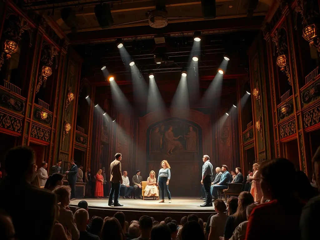 A vibrant photograph capturing a live theater performance supported by ARTS AIDE, showcasing actors on stage with dynamic lighting and engaged audience members.
