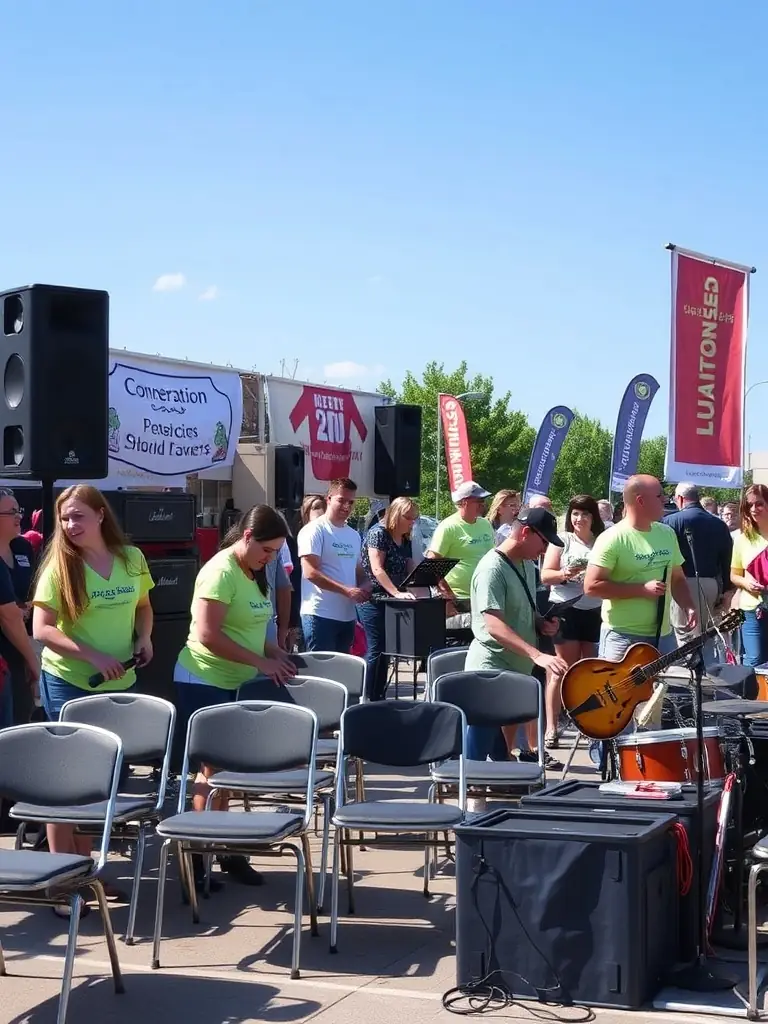 A behind-the-scenes shot of volunteers working diligently to set up a stage for a community event, demonstrating community involvement.
