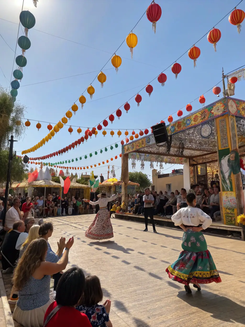 A captivating shot of a local community event sponsored by ARTS AIDE, featuring a street performance with enthusiastic audience members of all ages.
